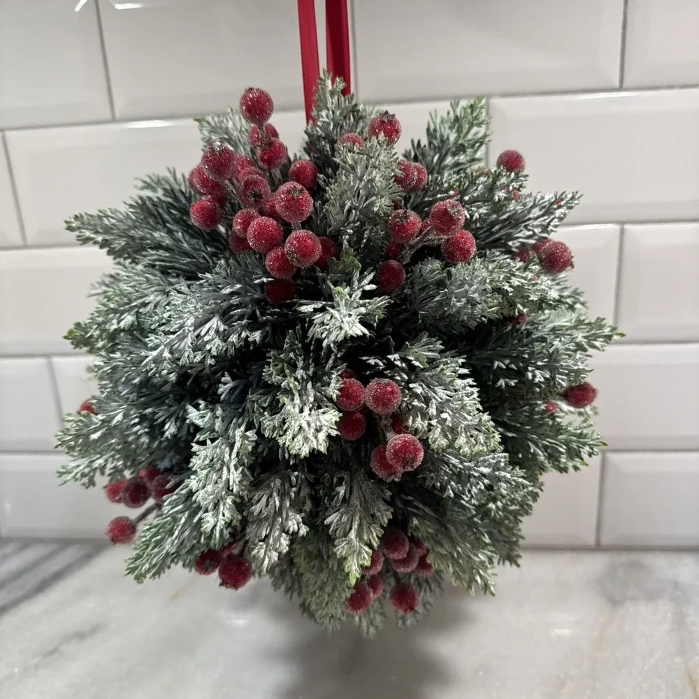 Martha Stewart HANGING TOPIARY KISSING PLANT BALL Winter Fern PIP Berries 8